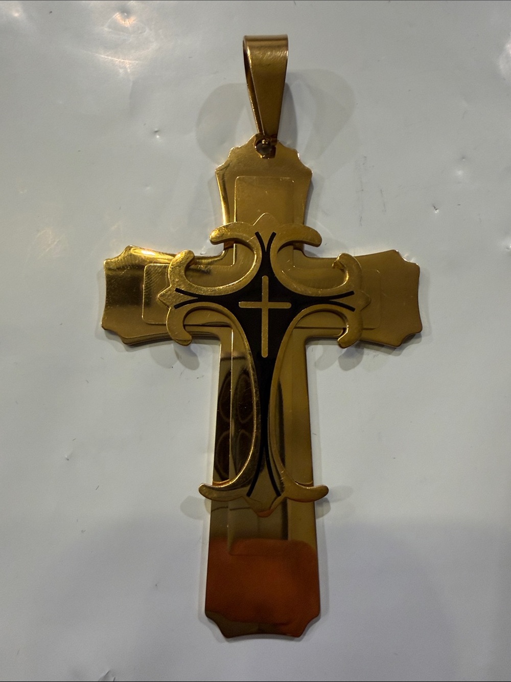 Retro Large Cross Pendant Layered w/ black Accent Steel Gold Tone #23